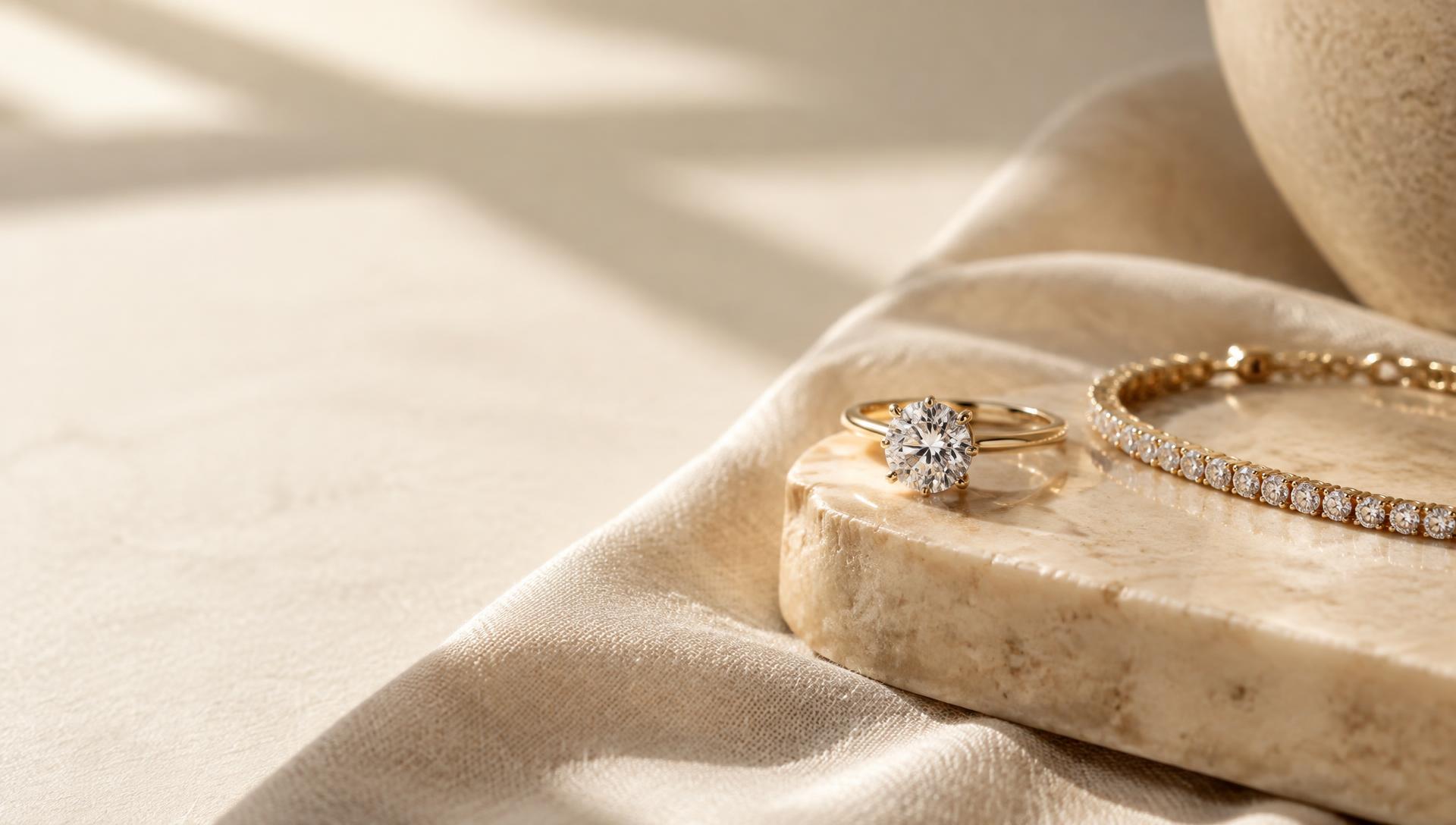 Lab-grown diamond solitaire ring and tennis bracelet on ivory stone